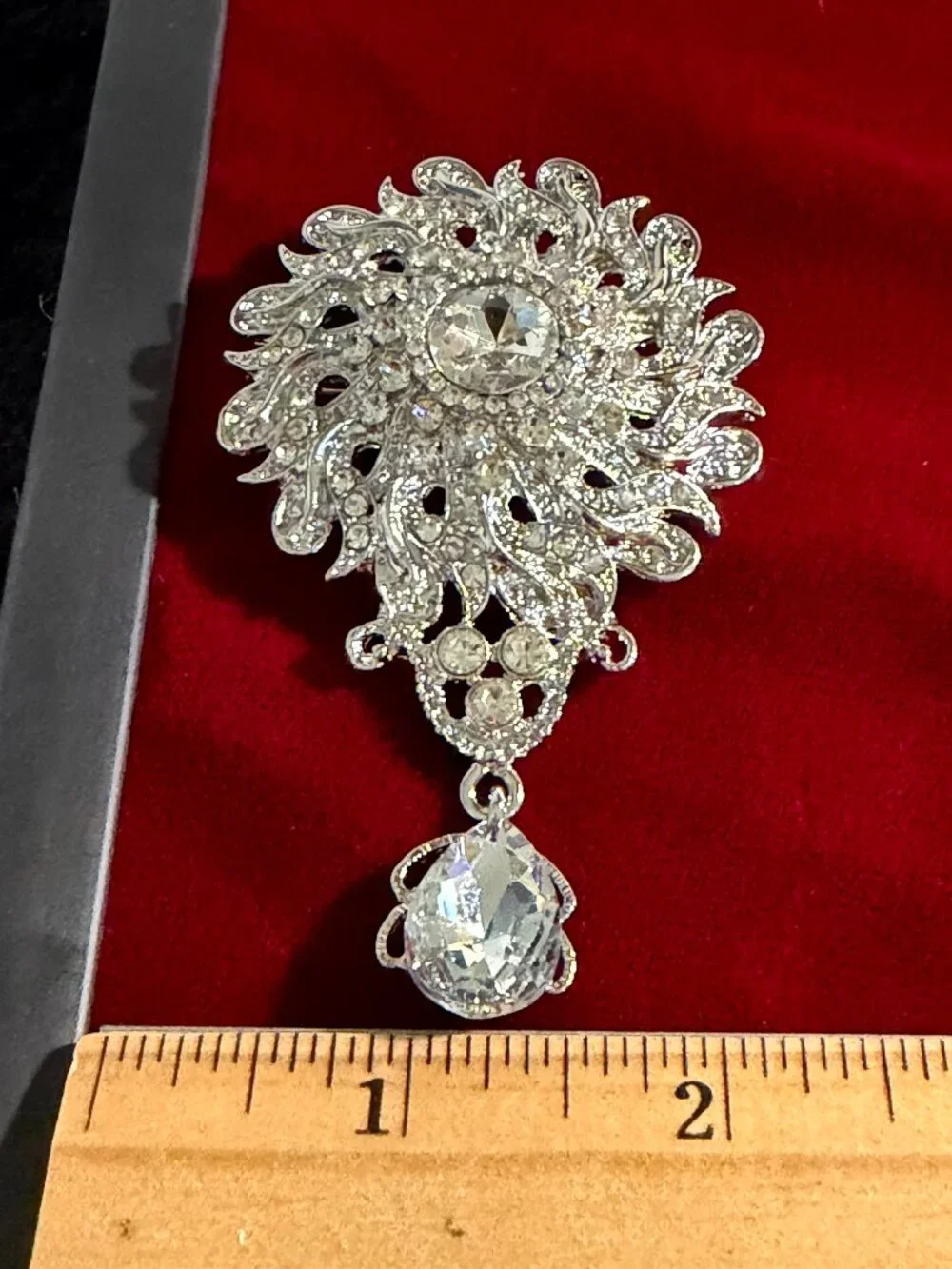 Silver-Tone Rhinestone Teardrop Dangle Brooch